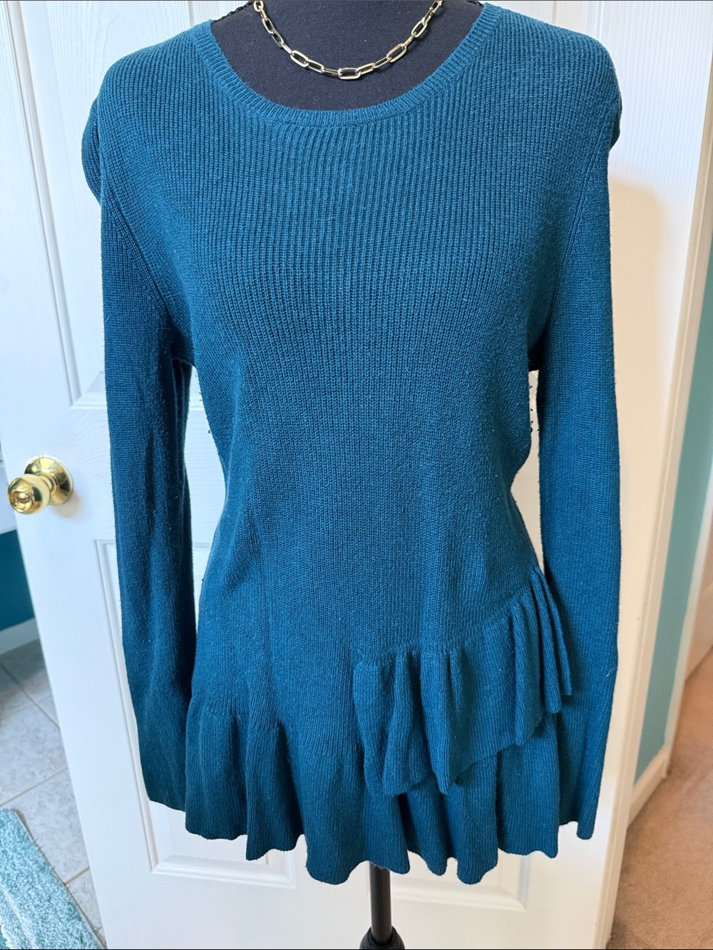 Daisy Fuentes Teal Long-Sleeve Ruffle Hem Knit Sweater